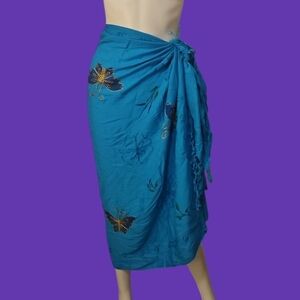 PAREOS Turquoise Blue Embroidered Butterfly Rayon Swim Cover-up Sarong